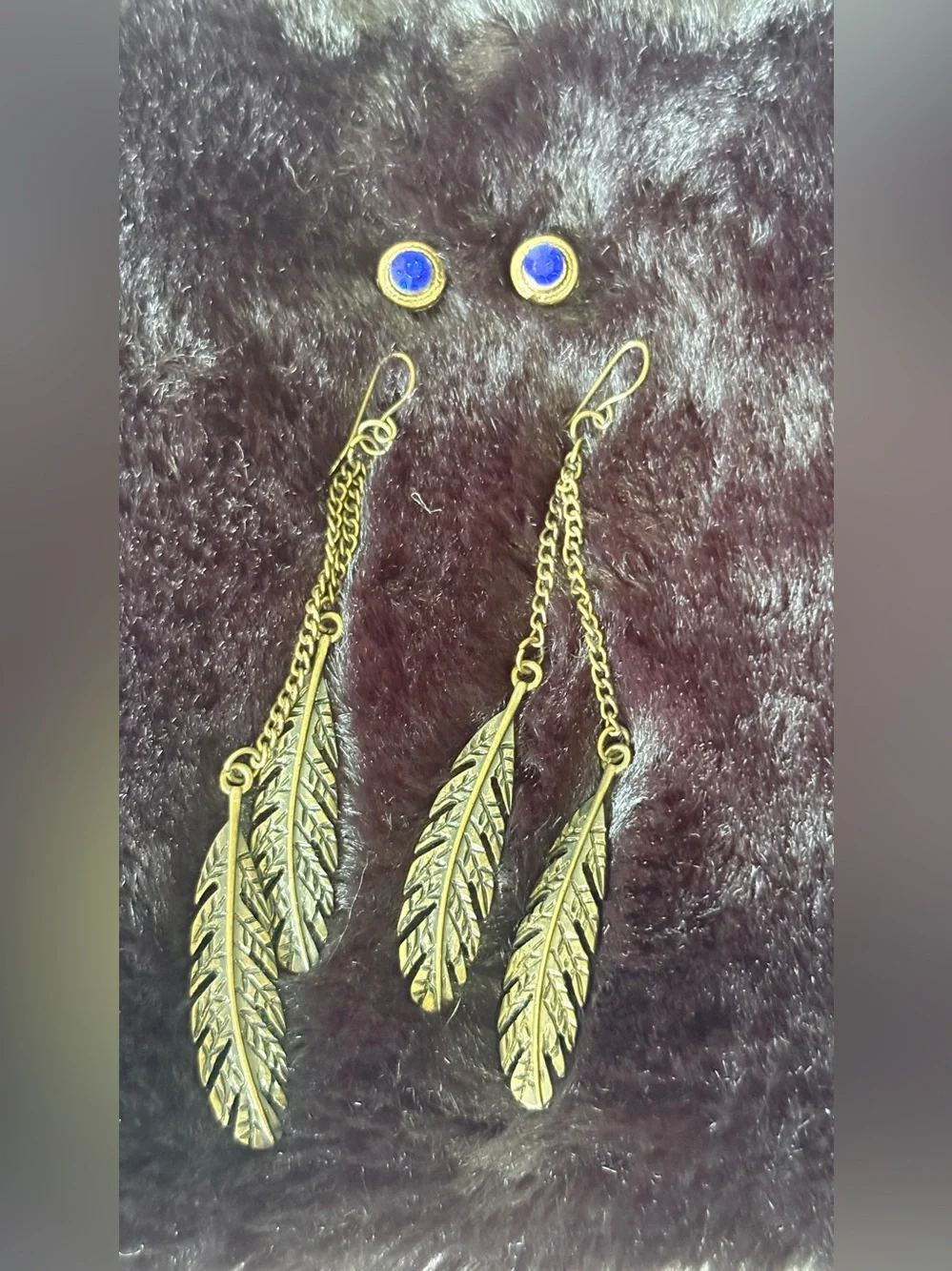 Boho Bundle: Bronze Feather Dangle Chain Earrings and Blue Rhinestone Studs Set